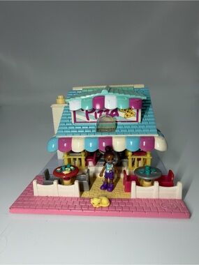 Blue Bird Pink Teal White Pizza Shop Playset with Mini Doll and Outdoor Tables